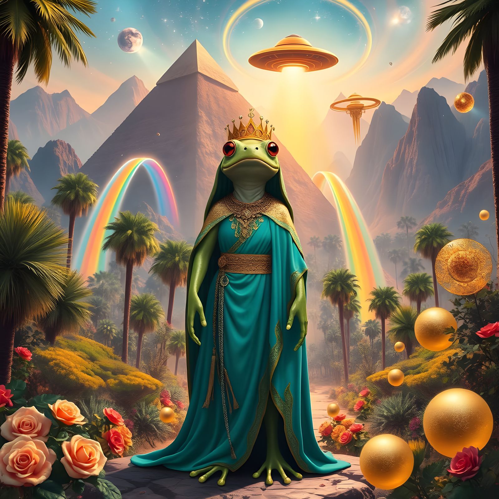 Golden Frog Queen Reigns in Celestial Desert Oasis