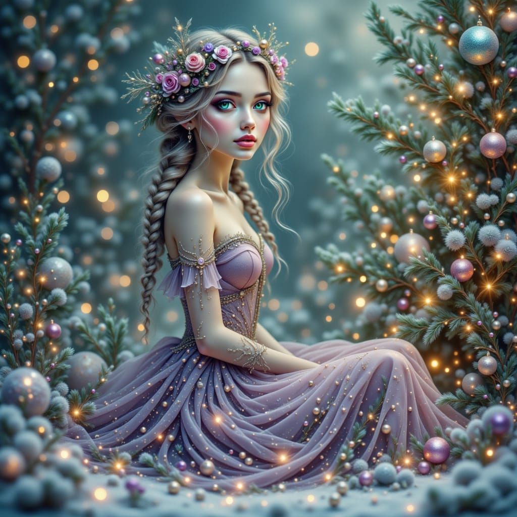 Whimsical Girl by Snowy Christmas Tree