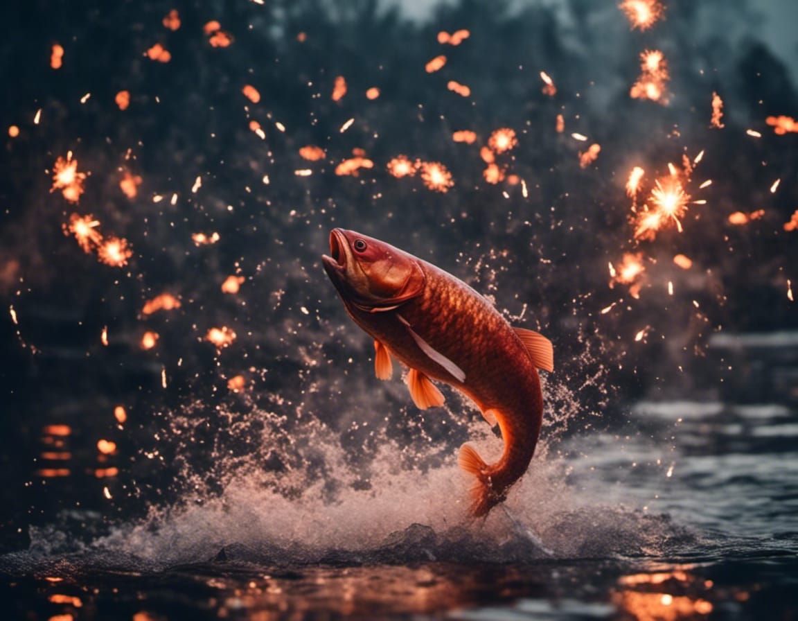 Carp Leaping from River Under Fireworks