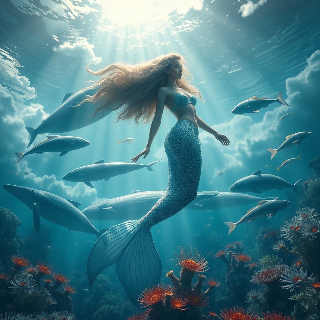 Underwater Realm of Majestic Mermaid and Whales
