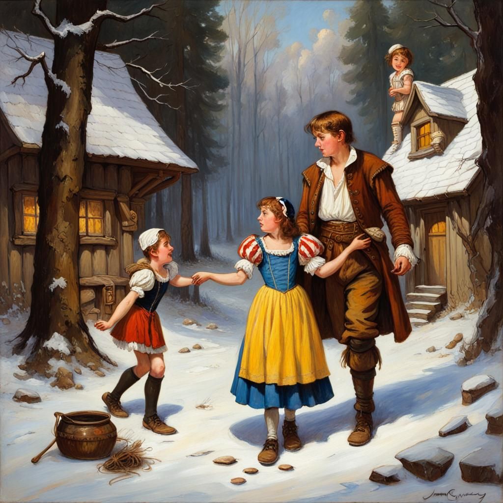 Hansel and Gretel Slapping Snow White: Oil Painting