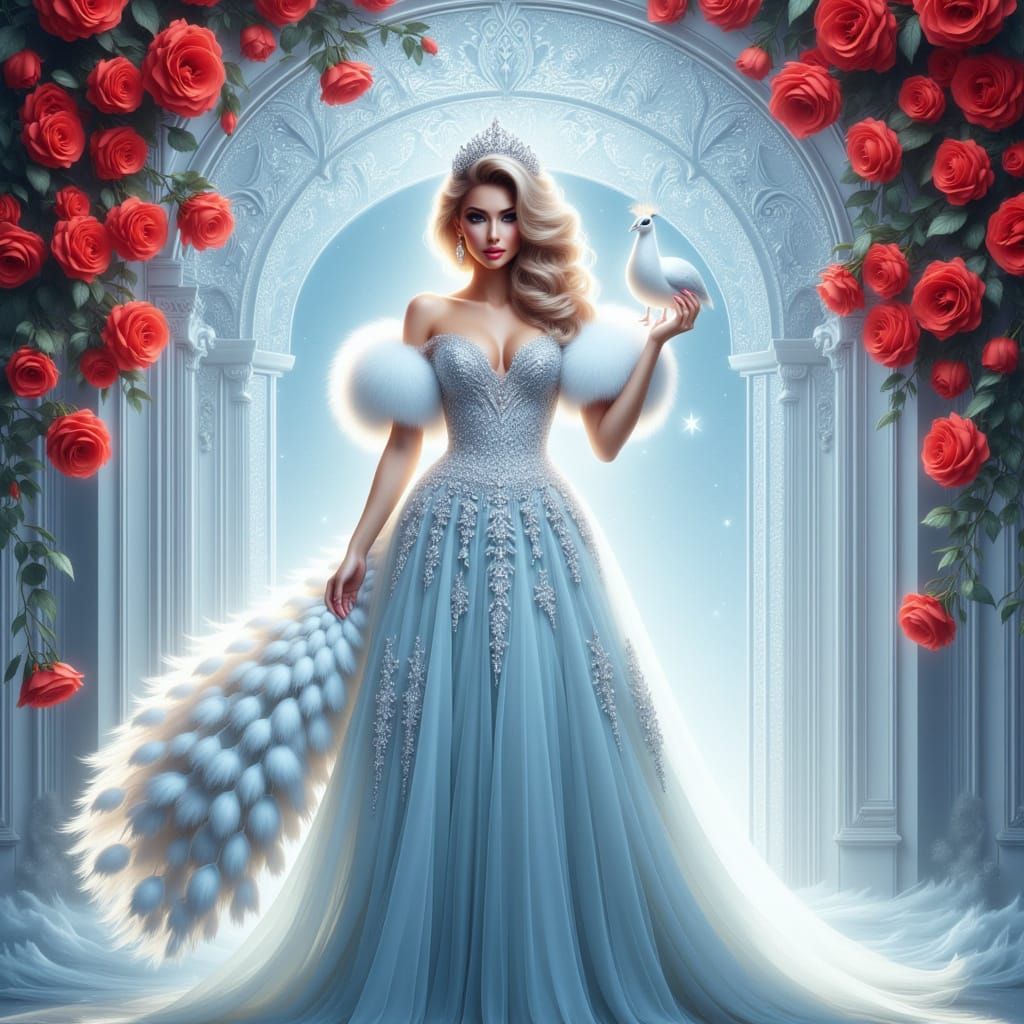 Elegant Woman Under Ornate Archway in Fashionable Attire