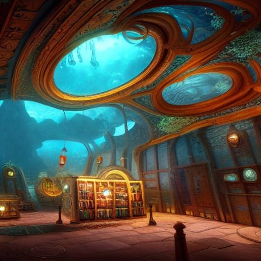 Cozy Underwater Bookstore: Detailed Fantasy Concept Art