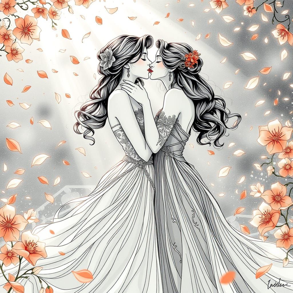 Elegant Women Share a Tender Kiss Amidst Whimsical Flower Pe...