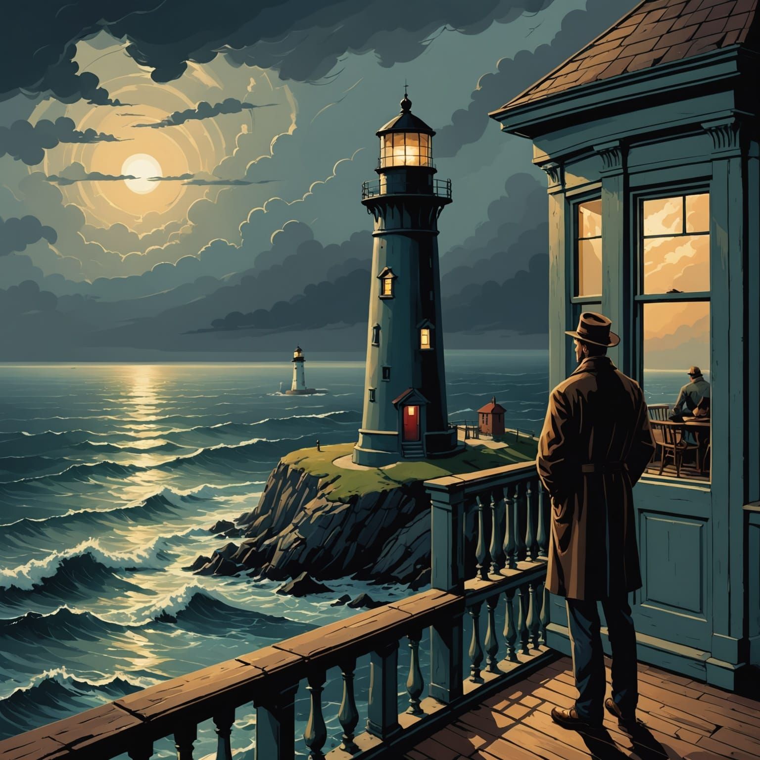 Lighthouse Keeper on Stormy Sea: Dark Fantasy Art