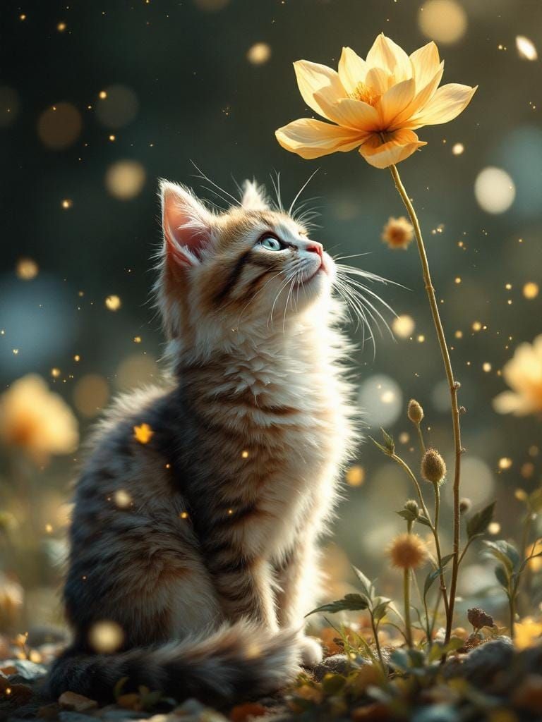 Cat Under Flower with Golden Particles in Digital Art