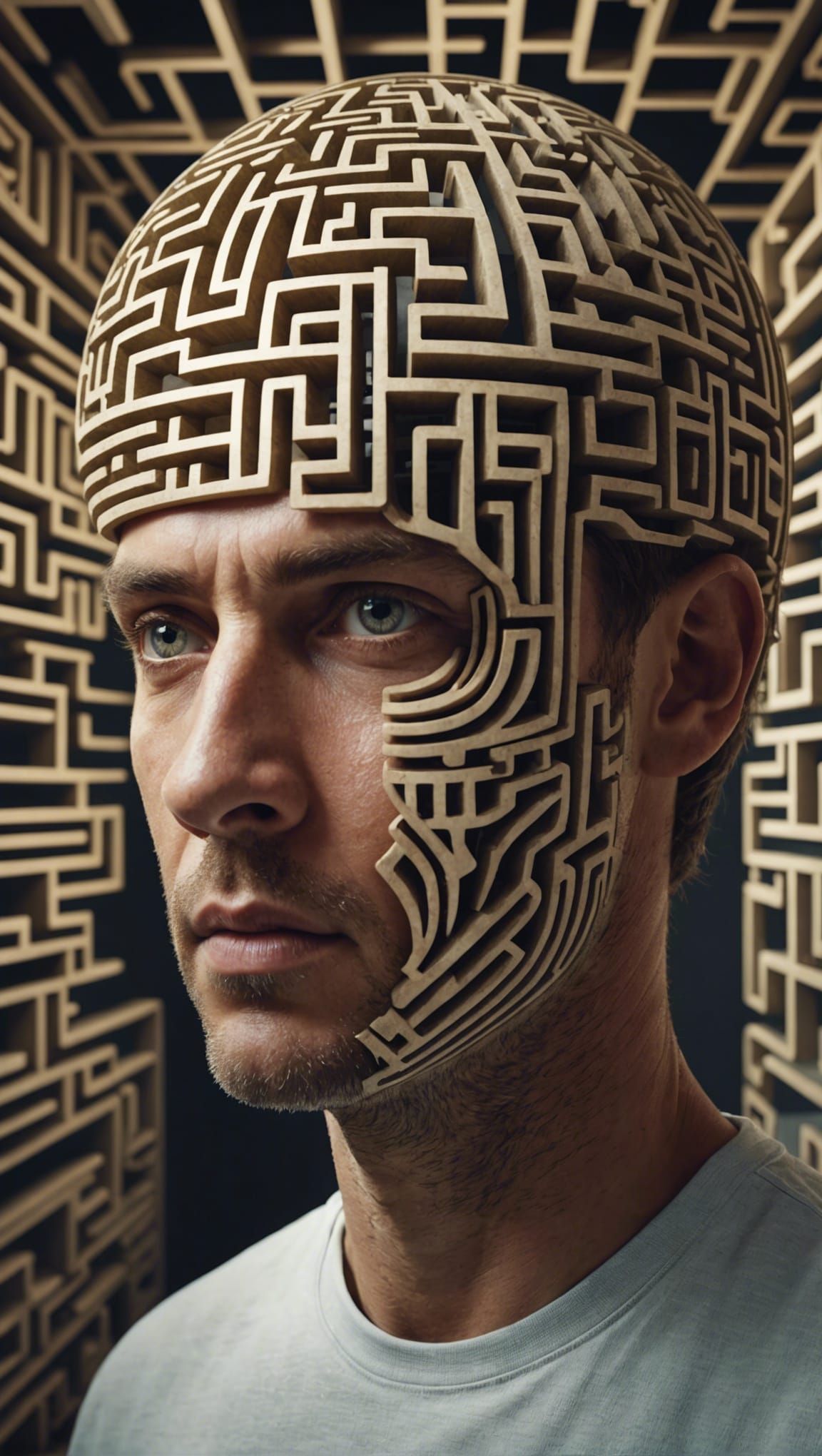 Labyrinthine Structure Inside Man's Head in 3D