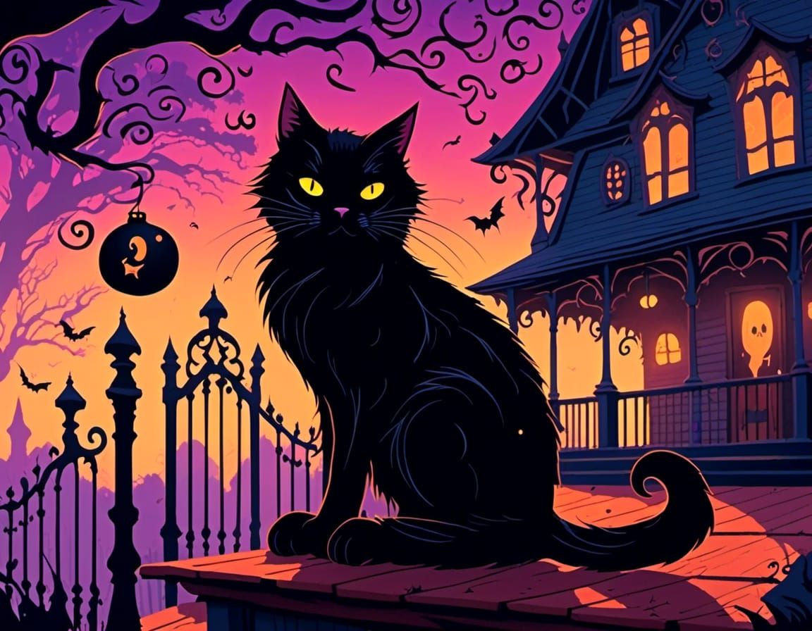 haunted houses and black cats, quirky, <lora:Wizard Cats:1.0>