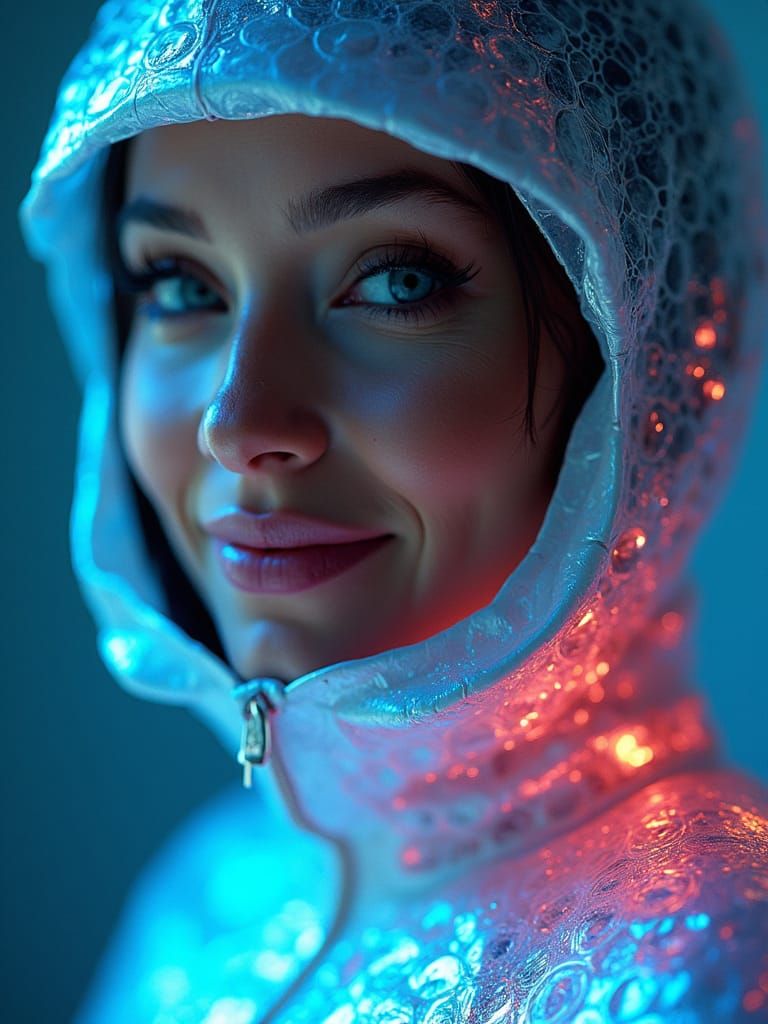 Woman in Iridescent Bubble Wrap Bodysuit