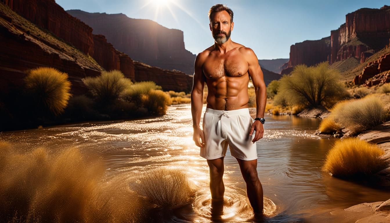 Man Emerges from River at Golden Hour