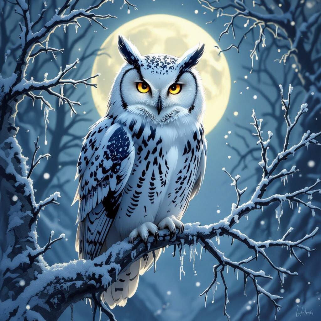 Snow Owl on Crystalline Branch in Fantasy Illustration Style