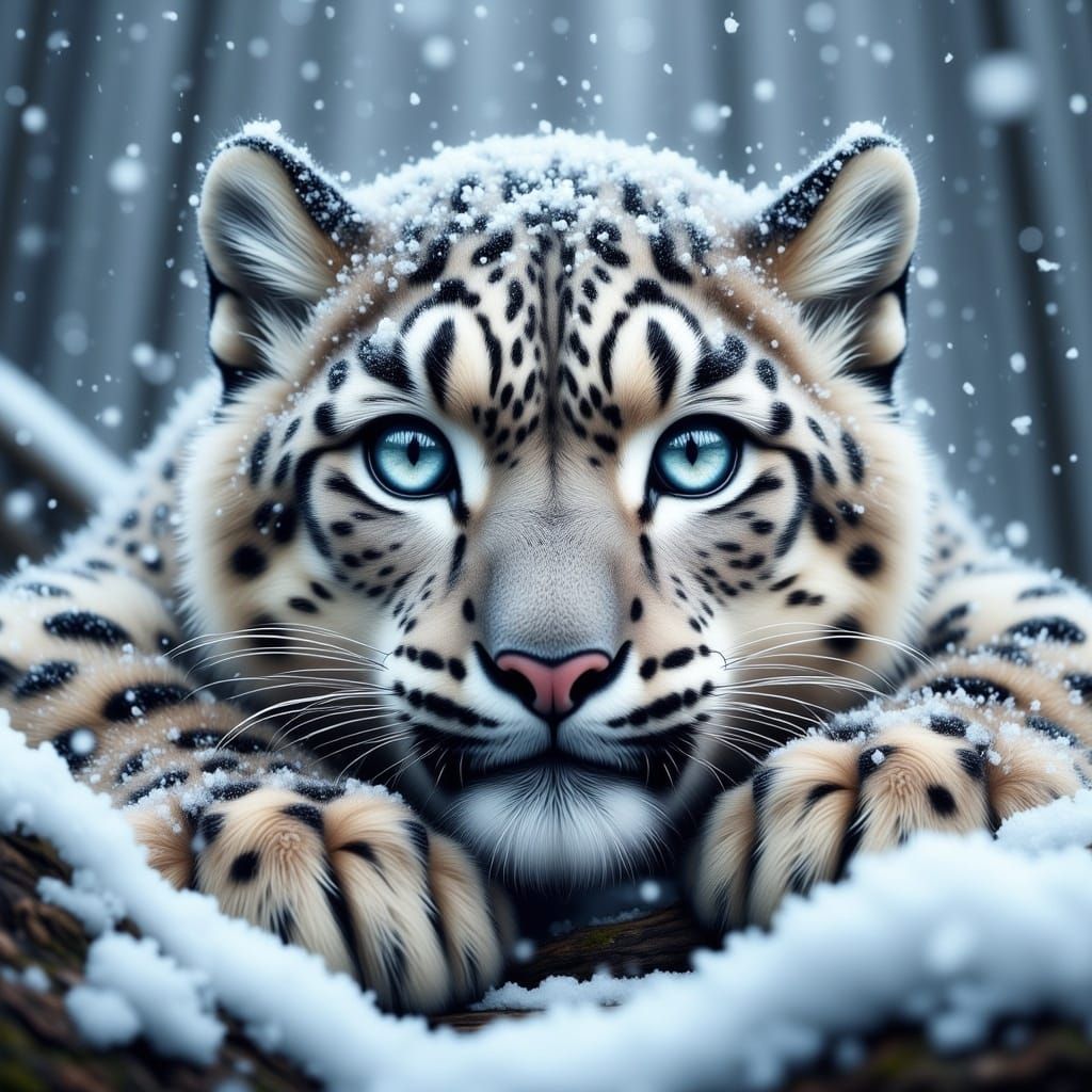 Snow Leopard Endures Arctic Storm in Super Hyperrealism