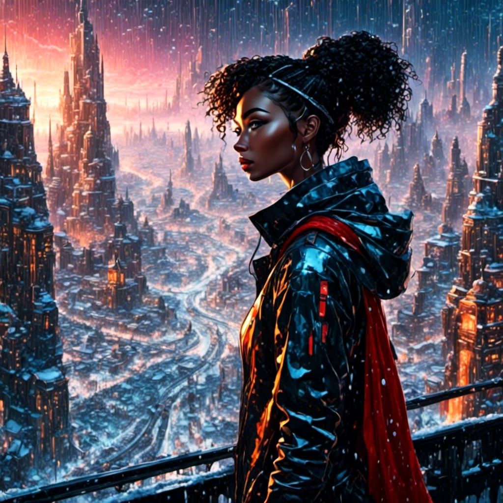 Dystopian Woman in Frozen City, Graphic Novel Art