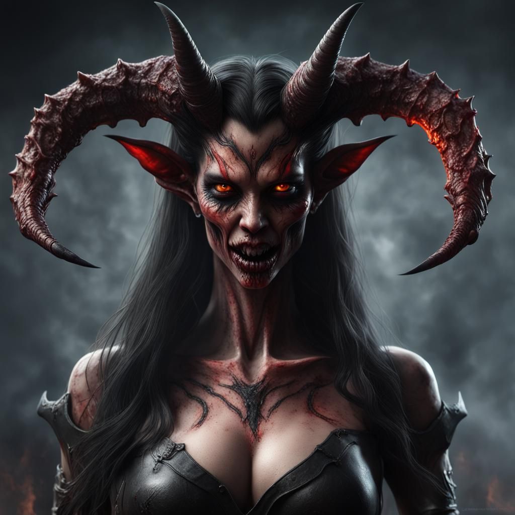 Terrifying Female Demon with Fiery Eyes and Sharp Fangs