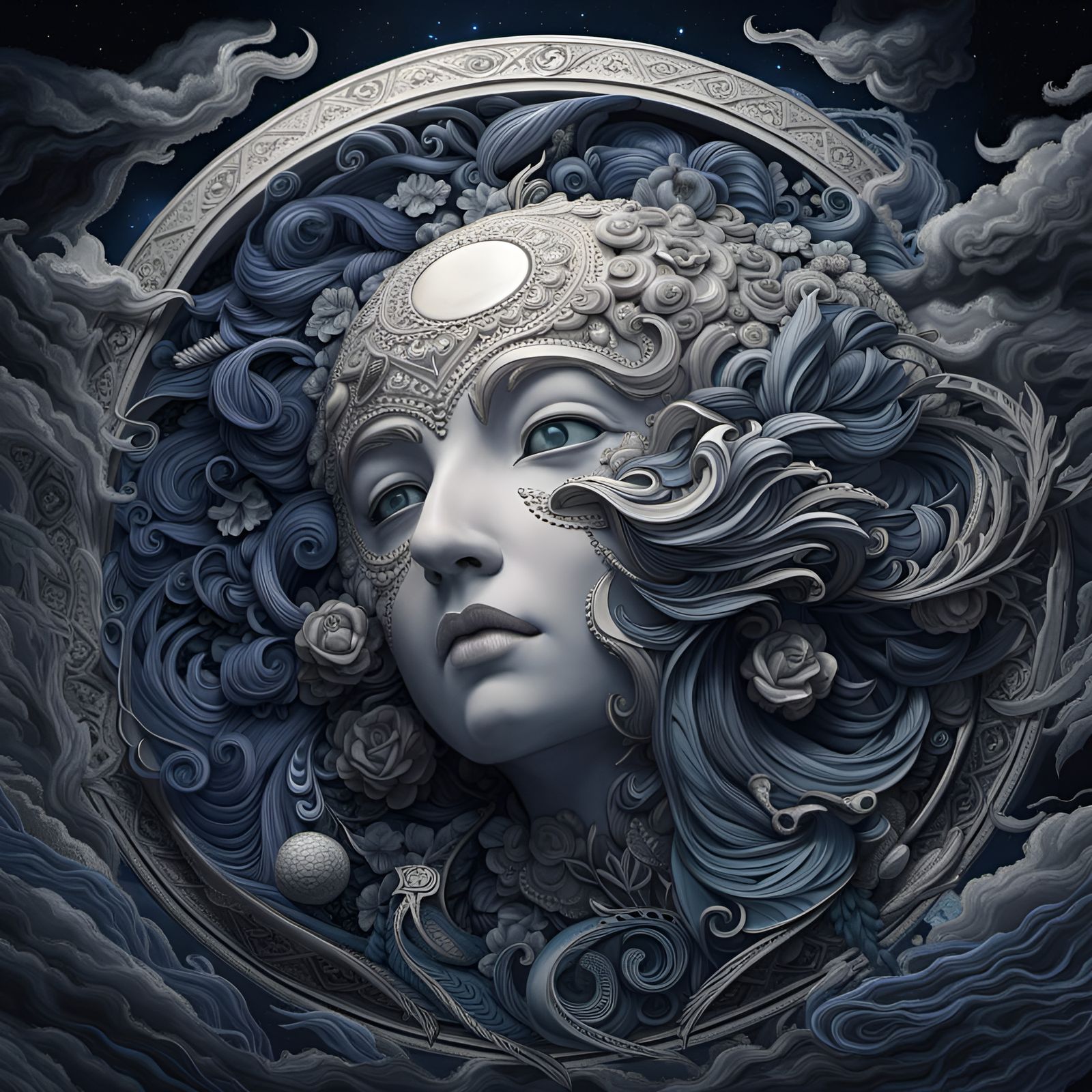 Detailed Crescent Moon Face in a Night Sky