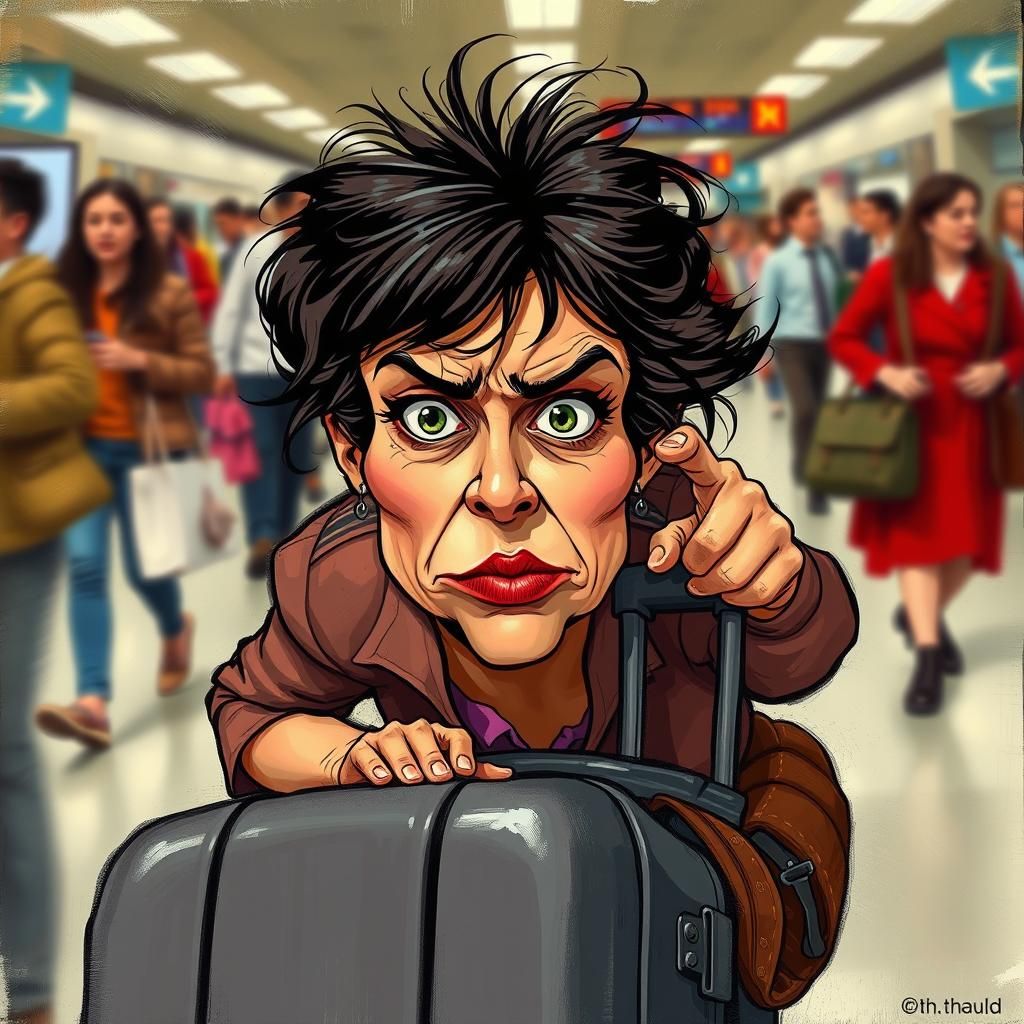 Frazzled Traveler in Chaotic Airport Scene