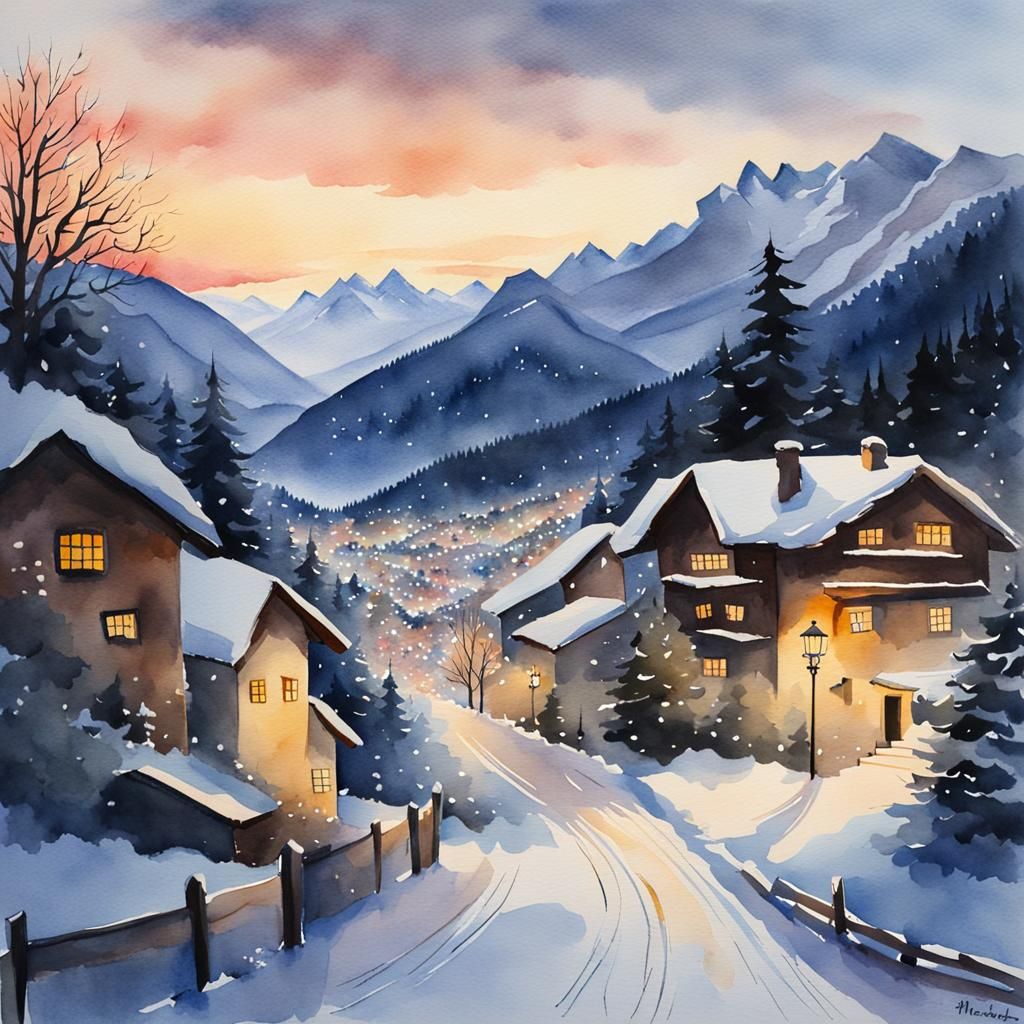 Snowy Alpine Village at Dusk: Watercolor Painting