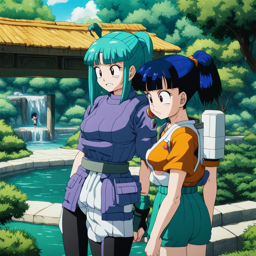 Anime Girls Kissing in Garden with Fountain