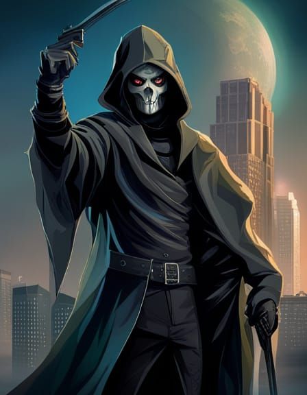 Futuristic Grim Reaper with Gun and Blade