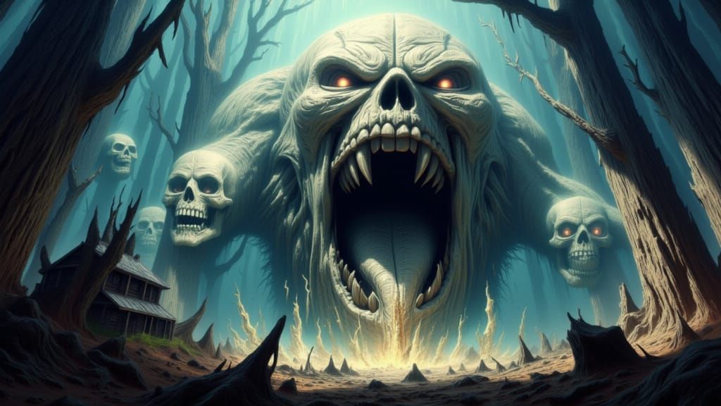 Colossal Snarling Maw Devours Village in Dynamic Horror Fant...