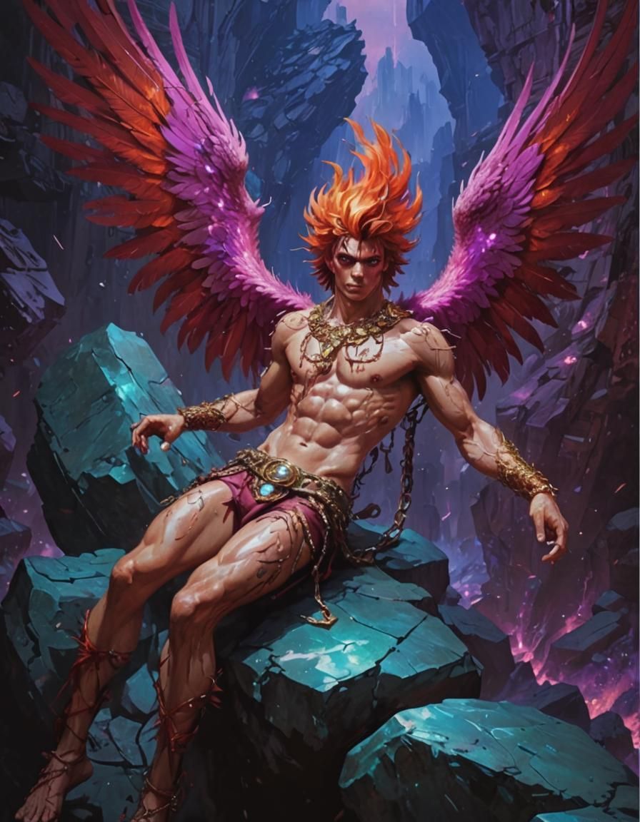 Shirtless Fire Harpy in Glitched Neofuturistic Style