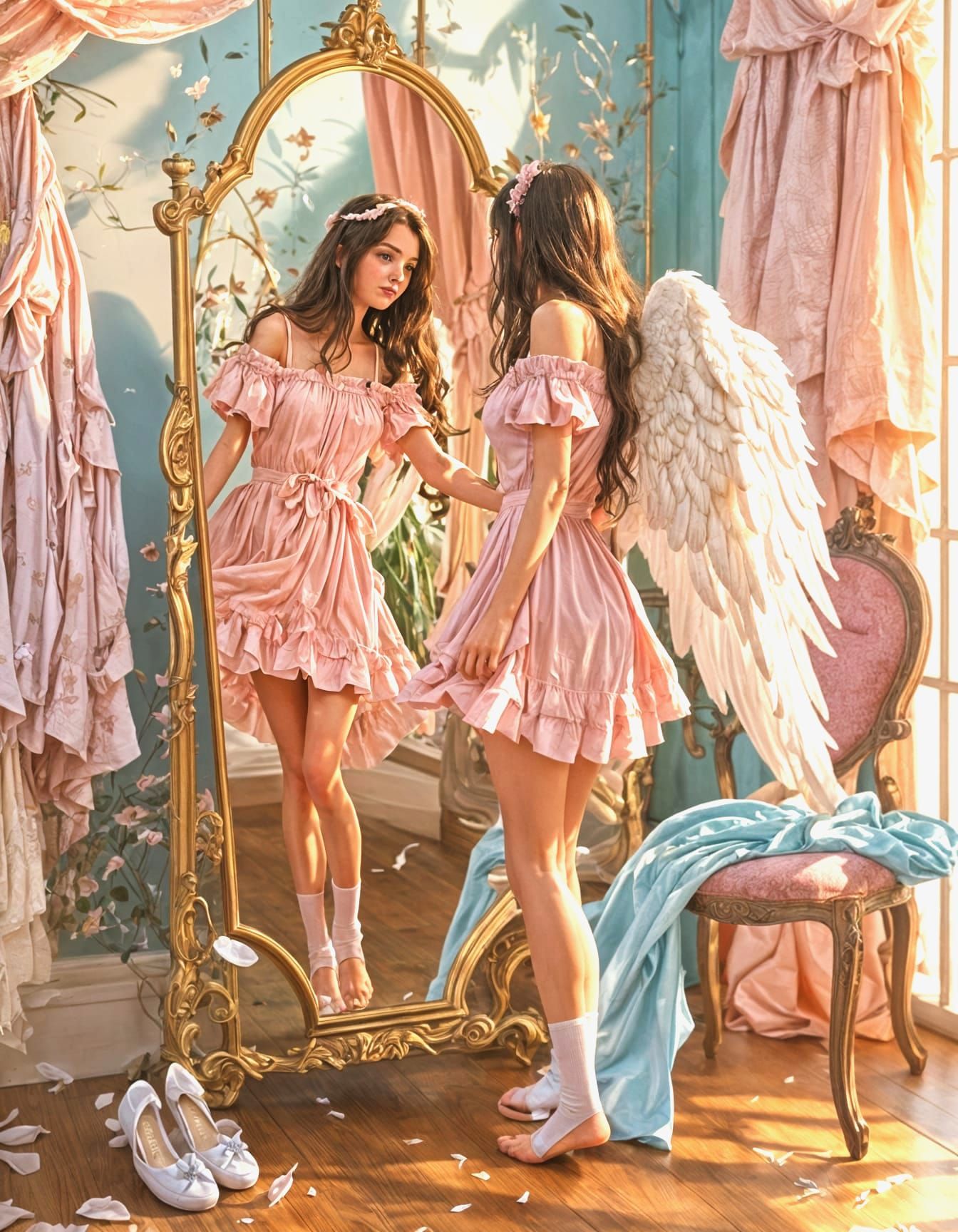 Girl with Angel Wings in Sunlit Room