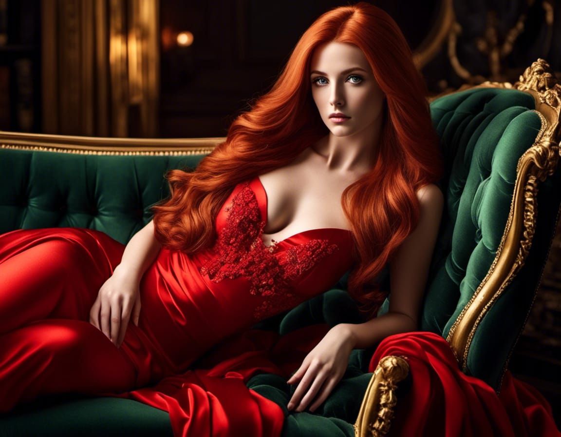 Elegant Woman in Red Gown with Flowing Hair