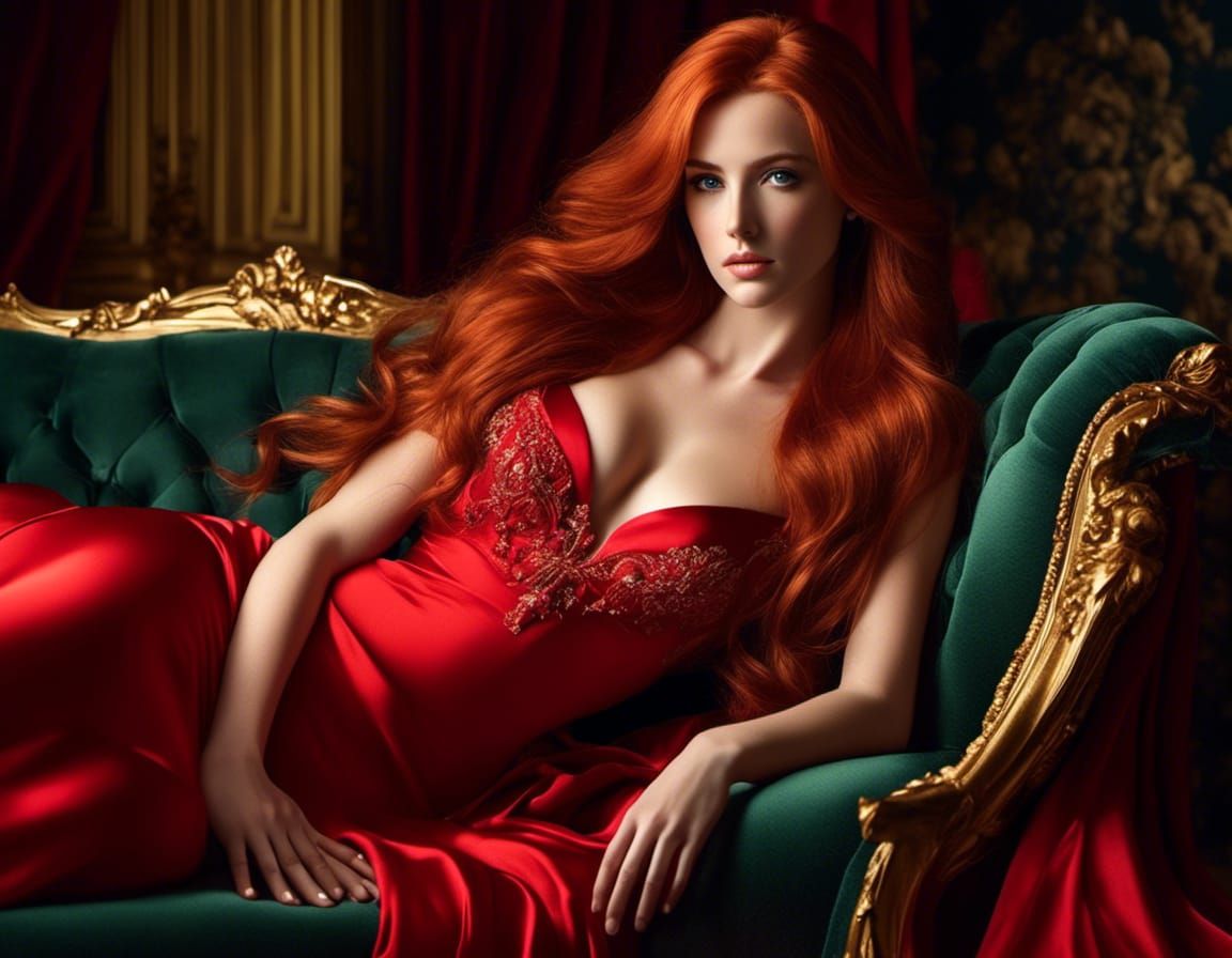 Woman with Red Hair in Silky Gown