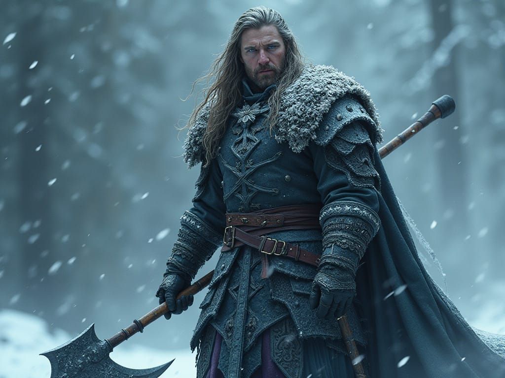 Surreal Nordic Warrior Erupts with Winter Spirit in Photorea...