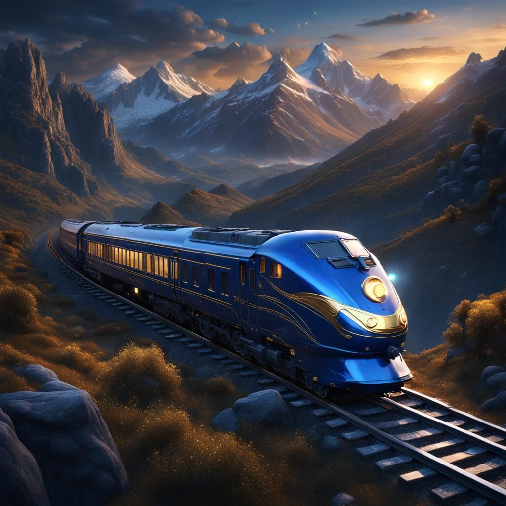 Blue and Gold Train at Night, Detailed Matte Painting
