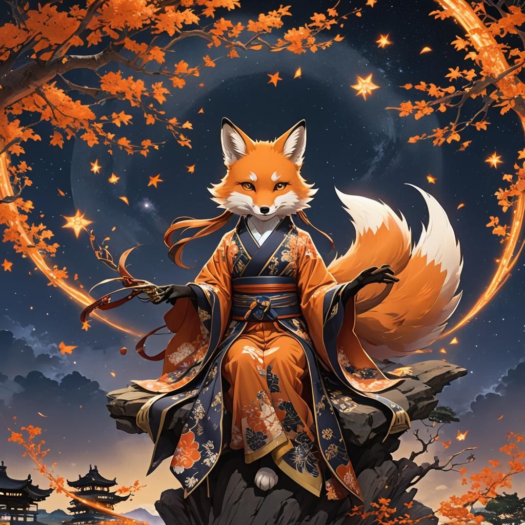 Mystical Nine-Tailed Fox Spirit in Kimono