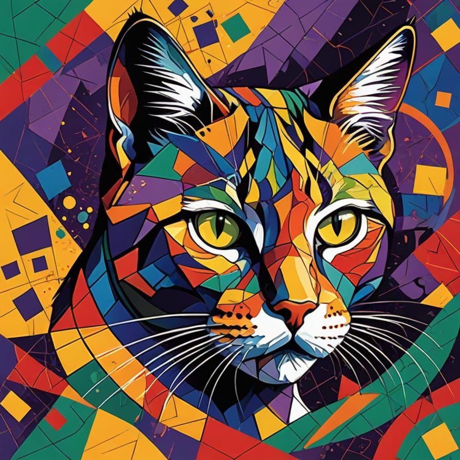 Neo-Cubist Abstraction of a Feline Form in Bold Blues and Or...