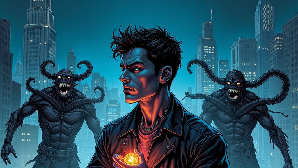 Man Fights Spectral Monsters in Cityscape