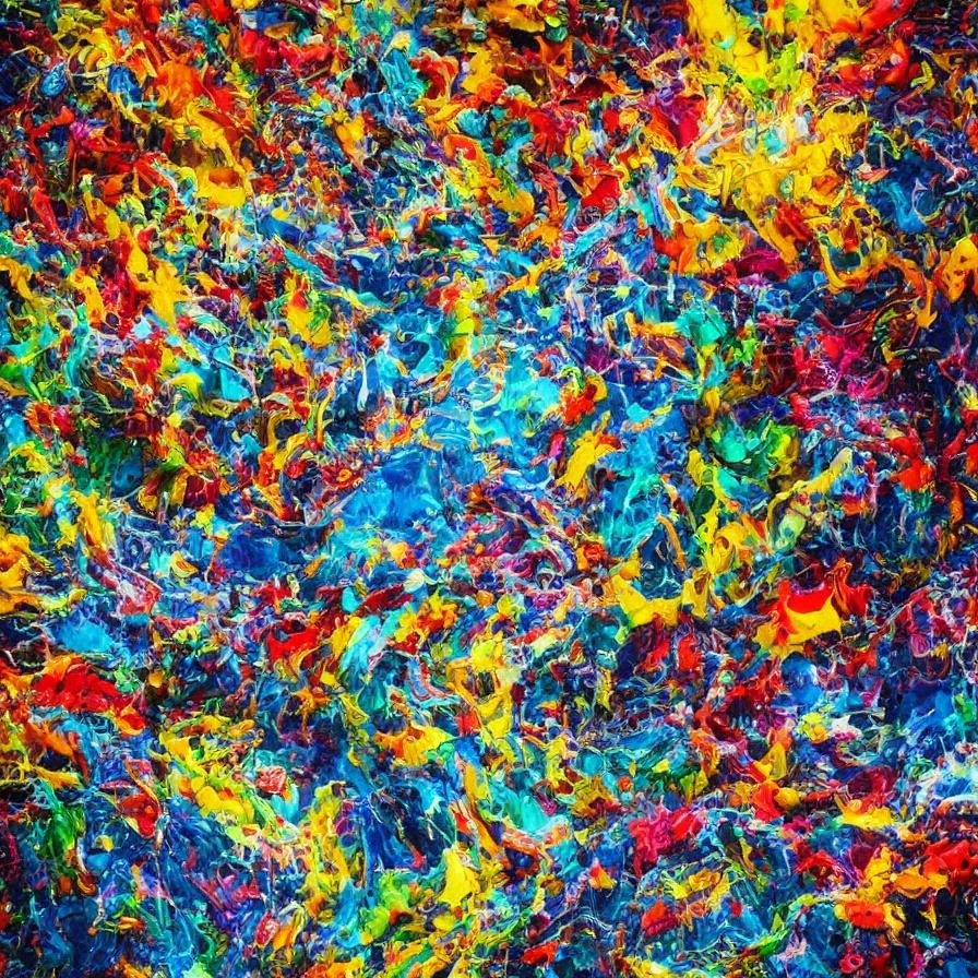 A fluid dynamic sculpture with brightly coloured liquids sus...