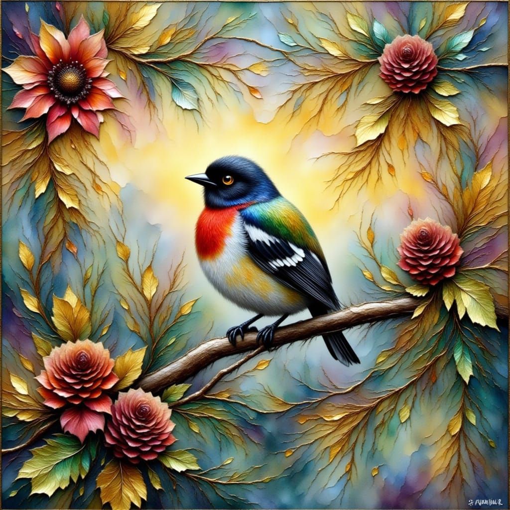 Colorful Bunting Bird on Pine Branch