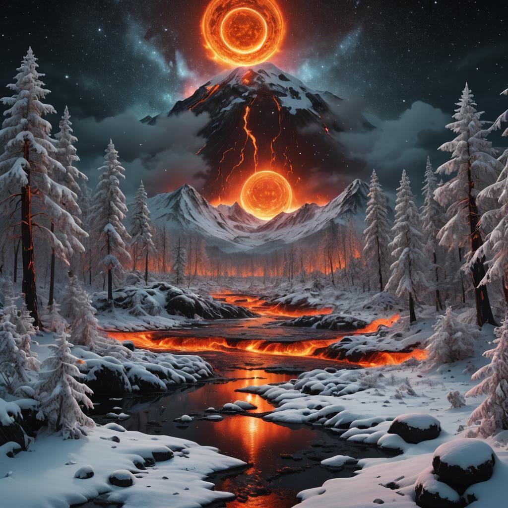 Lava River in Snowy Forest Under Three Moons