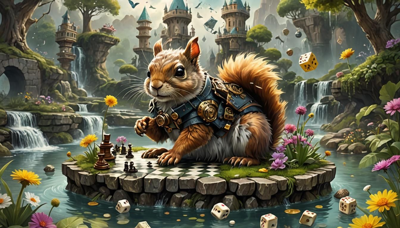 Steampunk Dandelion Squirrel in Ethereal Landscape