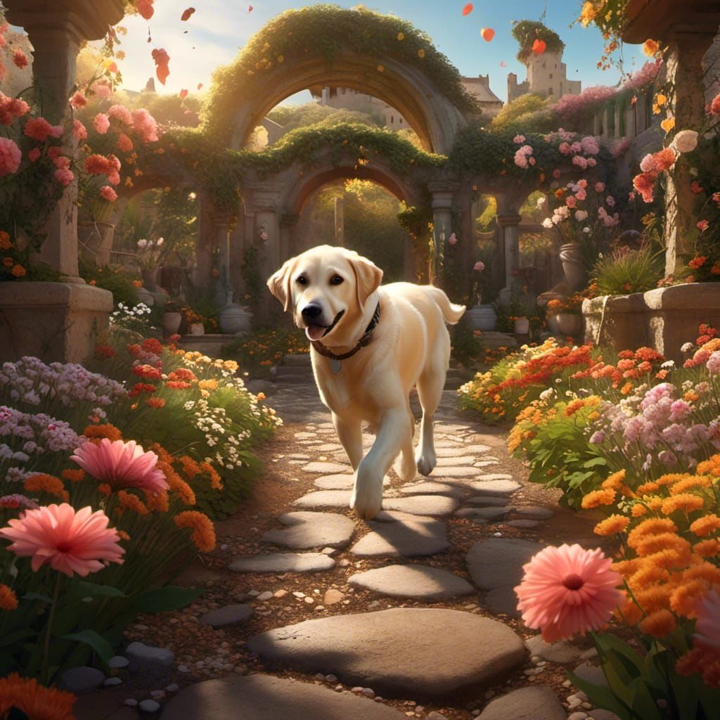 Labrador Dog in Blooming Garden: Fantasy Concept Art