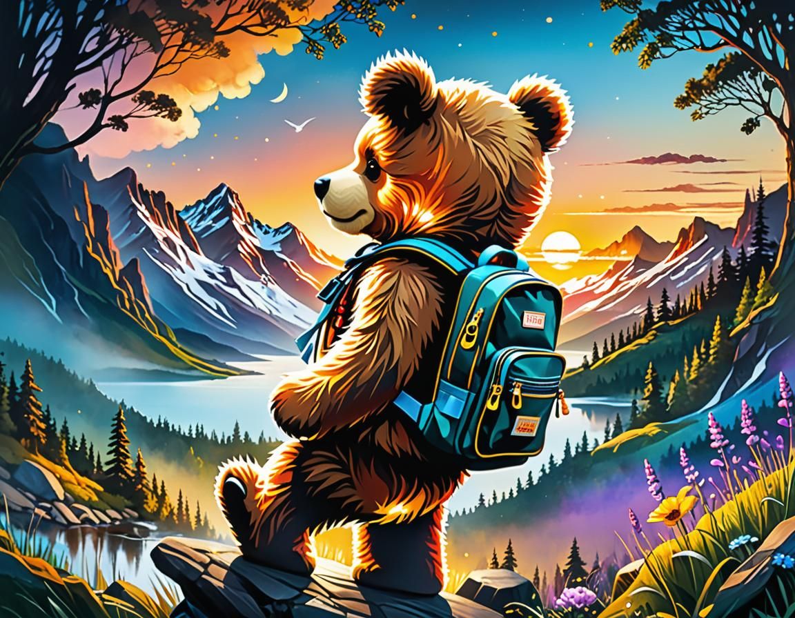 Adventurous Teddy Bear Exploring Outdoors: Psychedelic Portr...