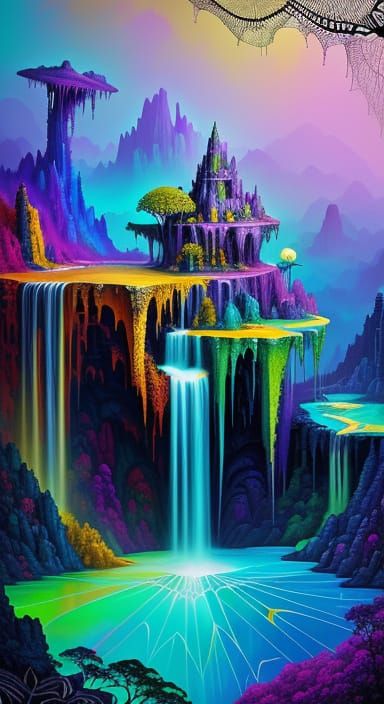 Surreal Alien on Iridescent Spiderweb Mountain