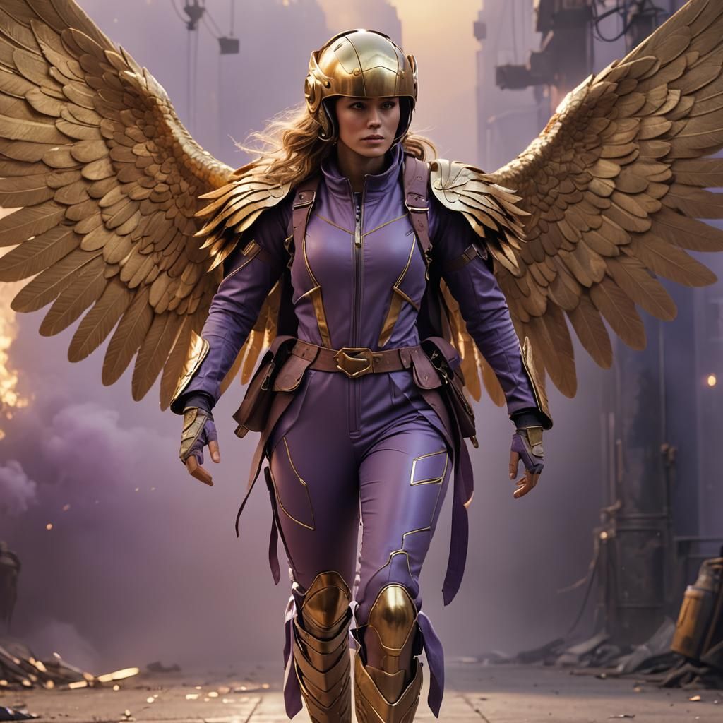 Woman in Purple Jumpsuit with Golden Wings