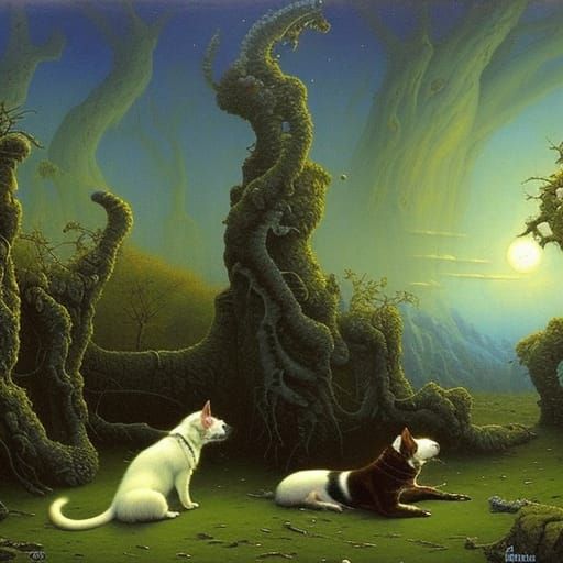Dogs and Cats Playing: Dark Fantasy Art