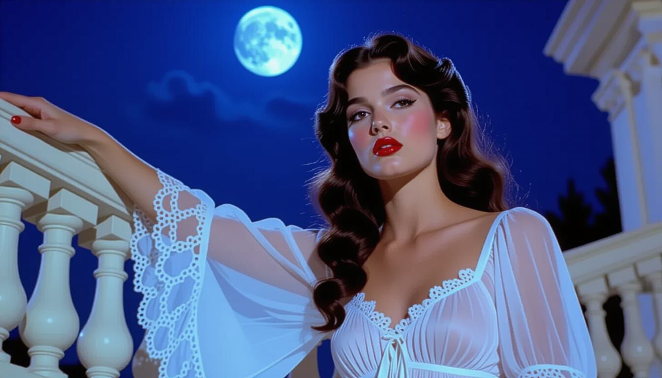 Ethereal Woman on Balcony in Dark Fantasy Style