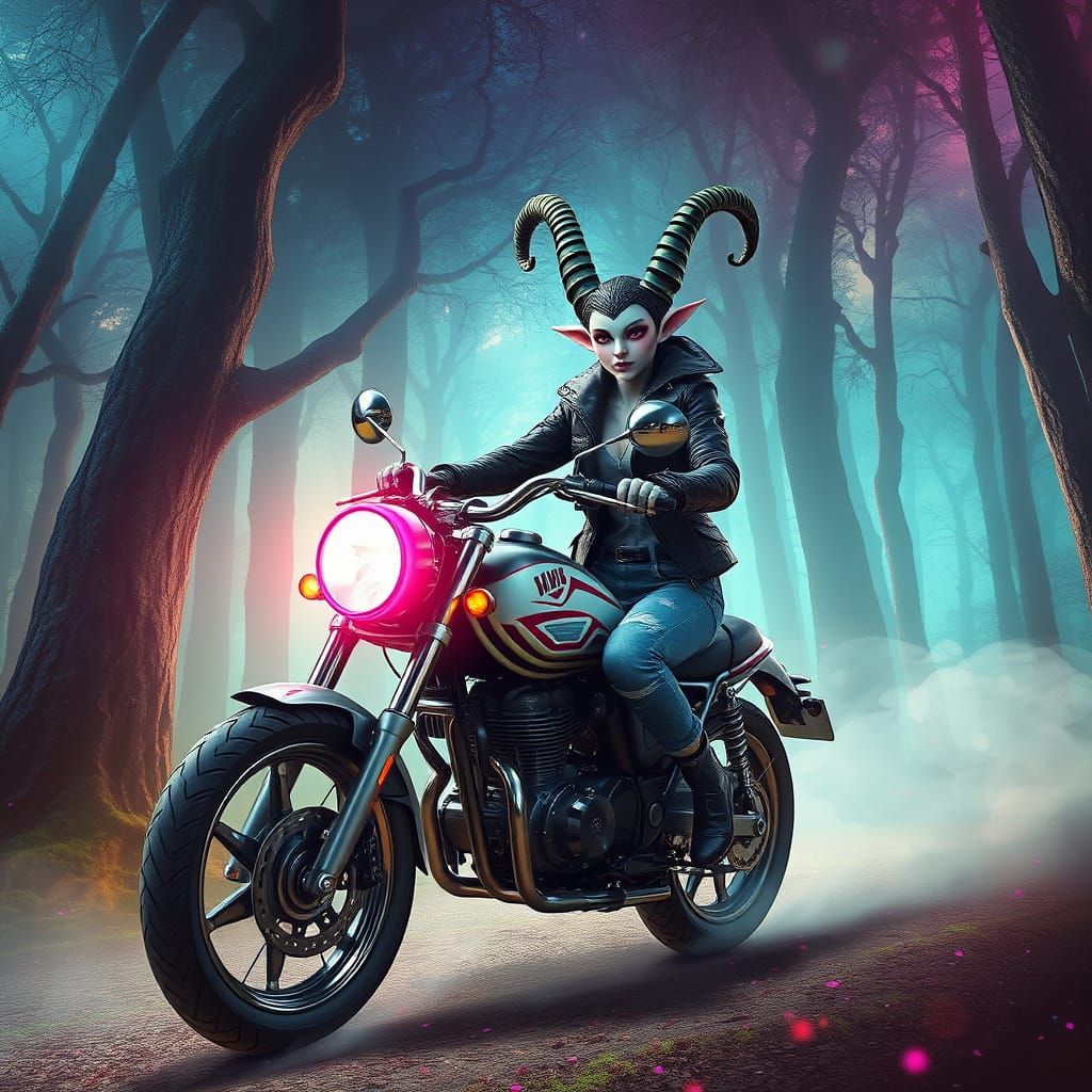 Female Homunculus riding something (skateboard, motorcycle, bicycle, rocket, tree