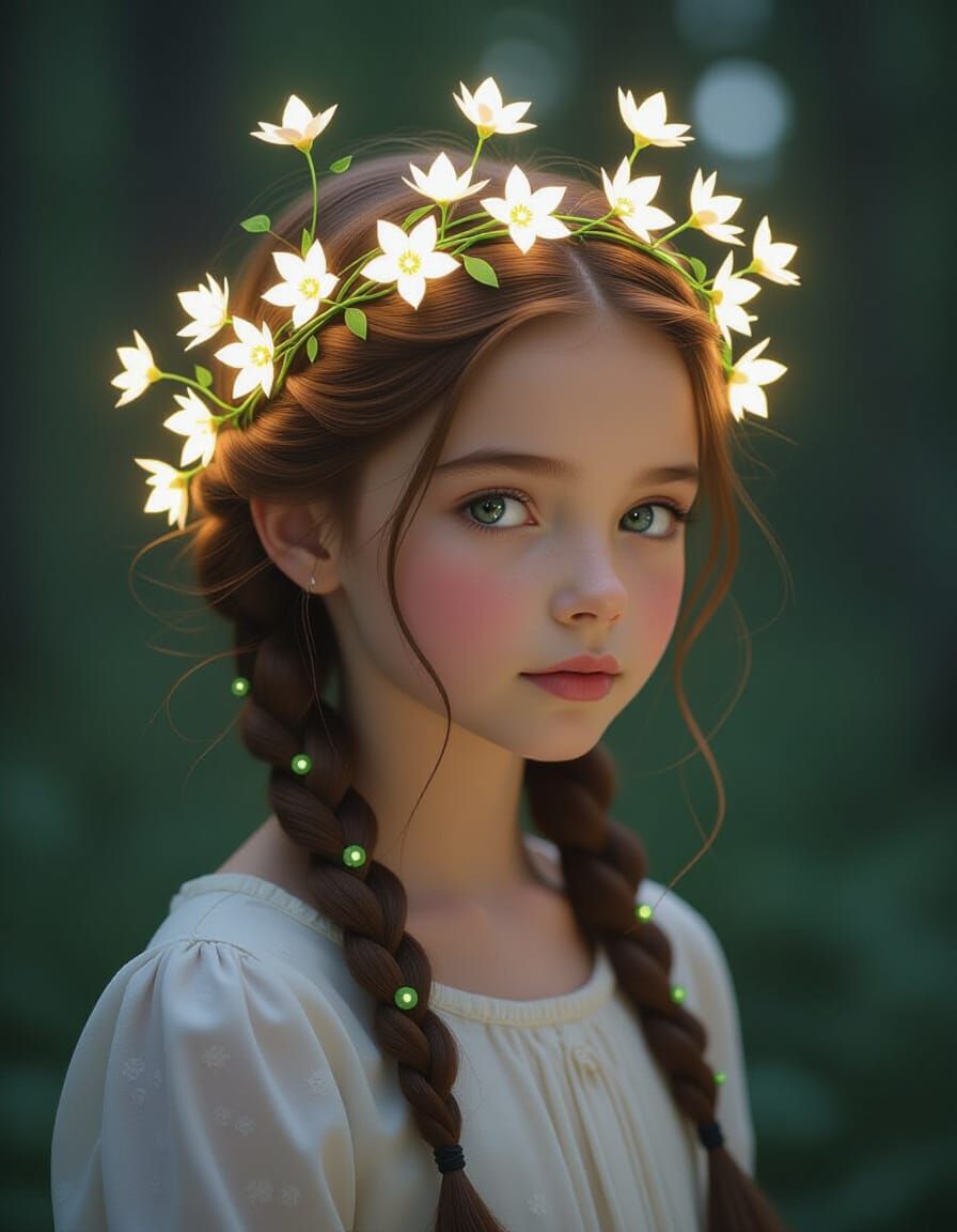 Bioluminescent Forest Girl with Glowing Flower Crown