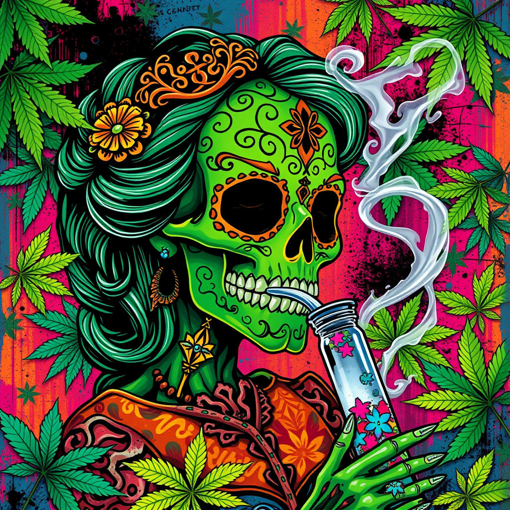 Emerald Sugar Skull Smoking Weed in Street Art