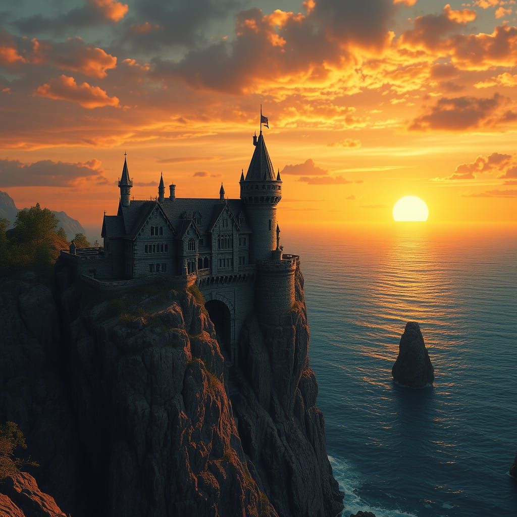 Surreal Castle Mansion at Sunset, in a Fantasy Aesthetic