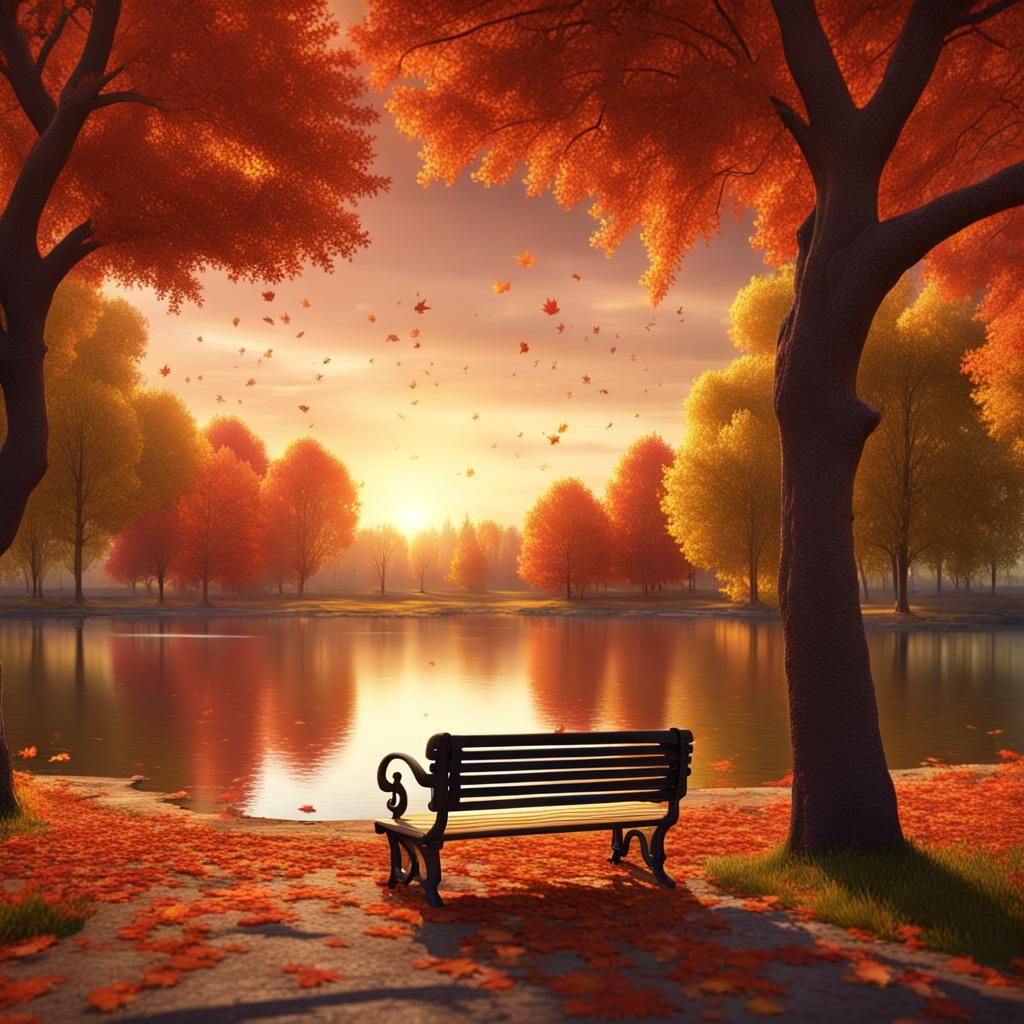 Autumn Lake Landscape at Sunset in Fantasy Realism