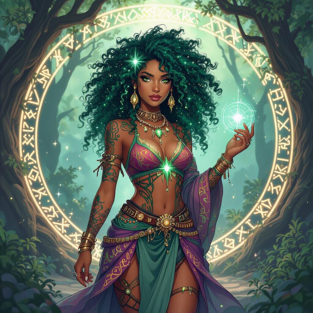 Afro-Latina Sorceress in Art Nouveau Style
