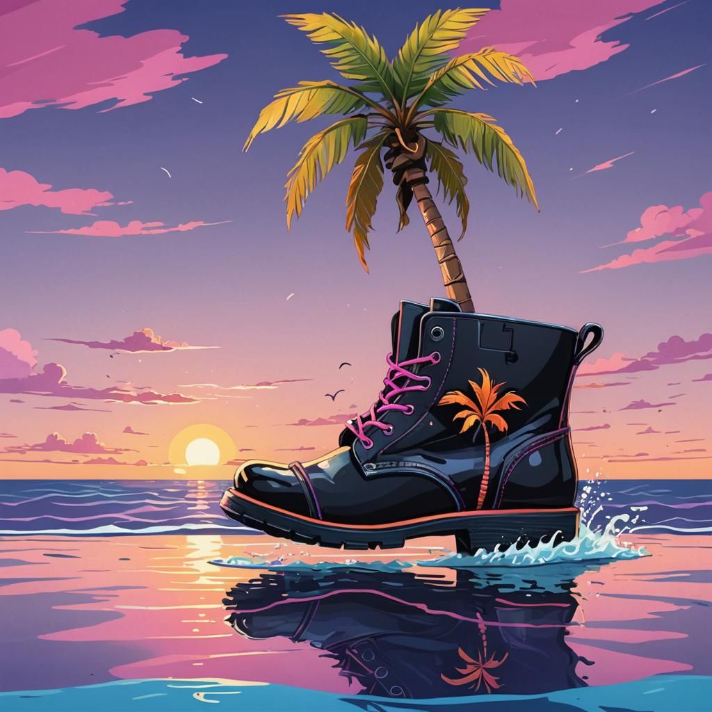Floating Boot with Palm Tree in Cartoon Style